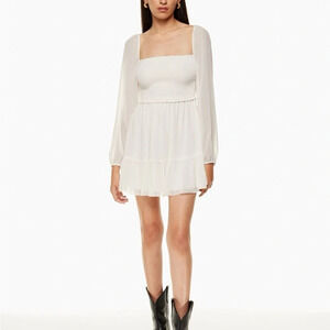 Wilfred Aritzia Tempest Mini Smocked Sheer White Long Sleeve Dress Chiffon